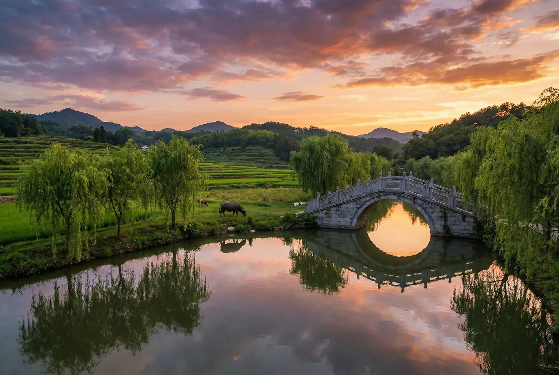 夕阳下的石拱桥与垂柳，水牛在河边吃草 - 全城戒备 下载 乡村美景